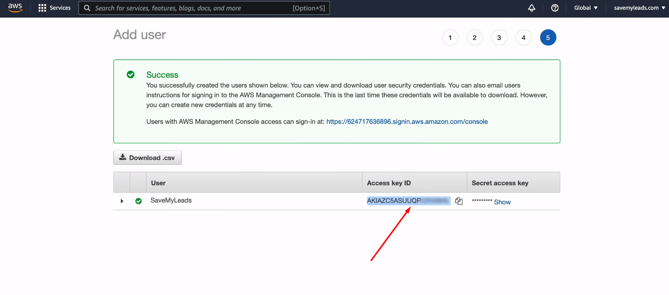 Facebook and Amazon SES integration | Copy the Access key ID Facebook and Amazon SES integration | Copy the Access key ID