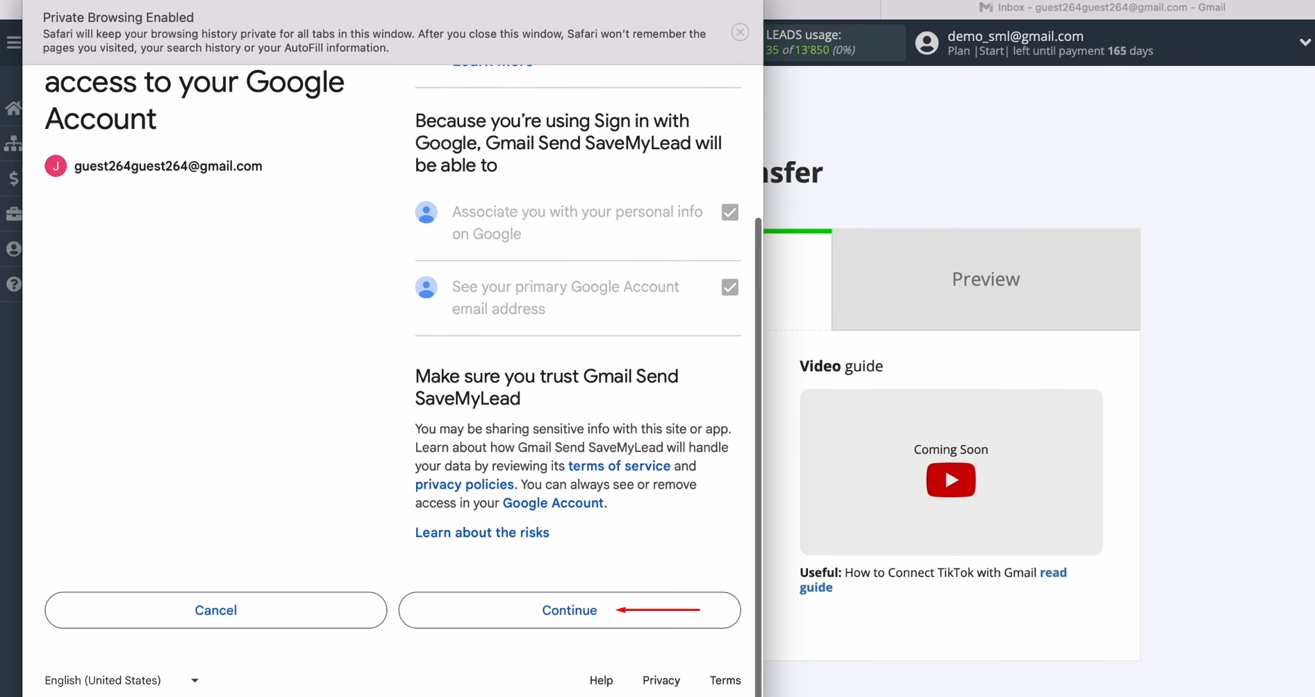 TikTok and Gmail integration | Click “Continue” again TikTok and Gmail integration | Click “Continue” again