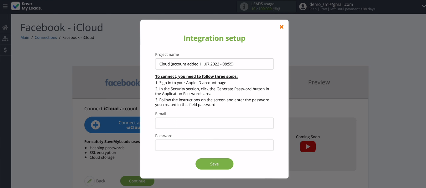 Facebook and iCloud integration | Fields to fill Facebook and iCloud integration | Fields to fill