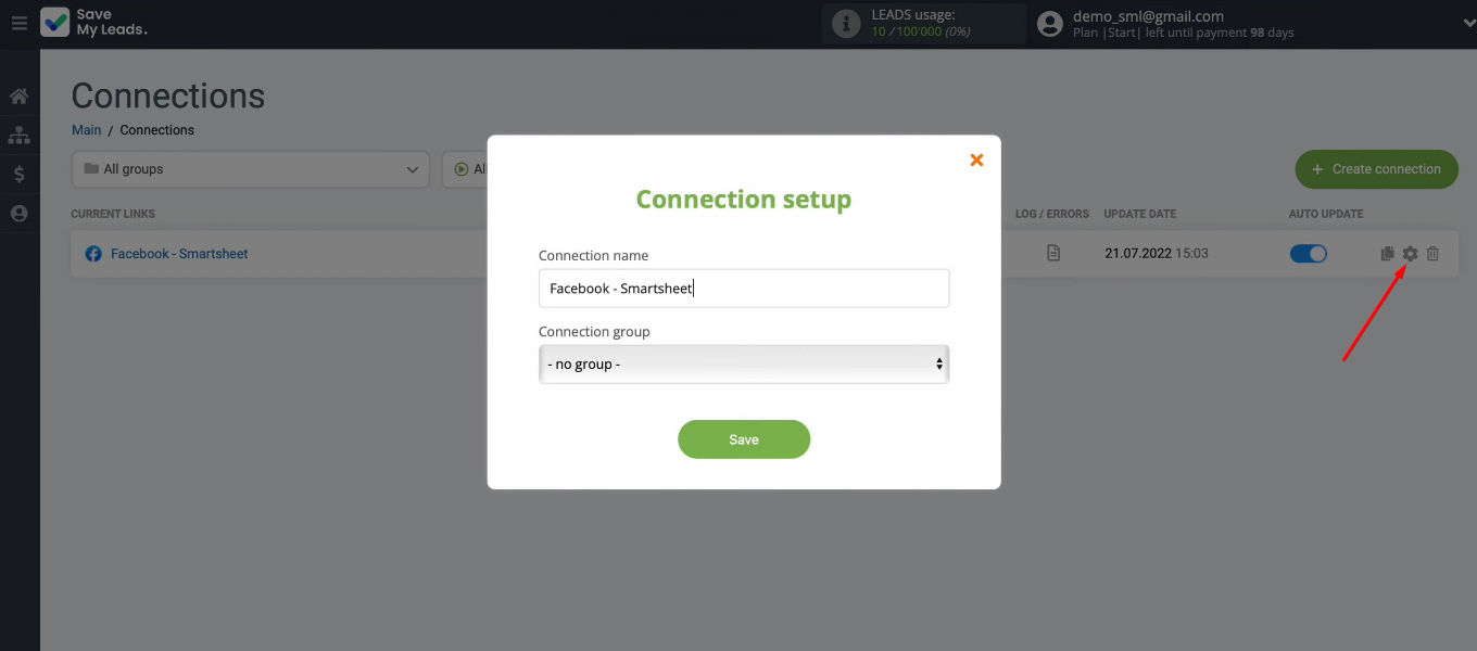 Facebook Lead Ads and Smartsheet integration | Change the name of the connection Facebook Lead Ads and Smartsheet integration | Change the name of the connection