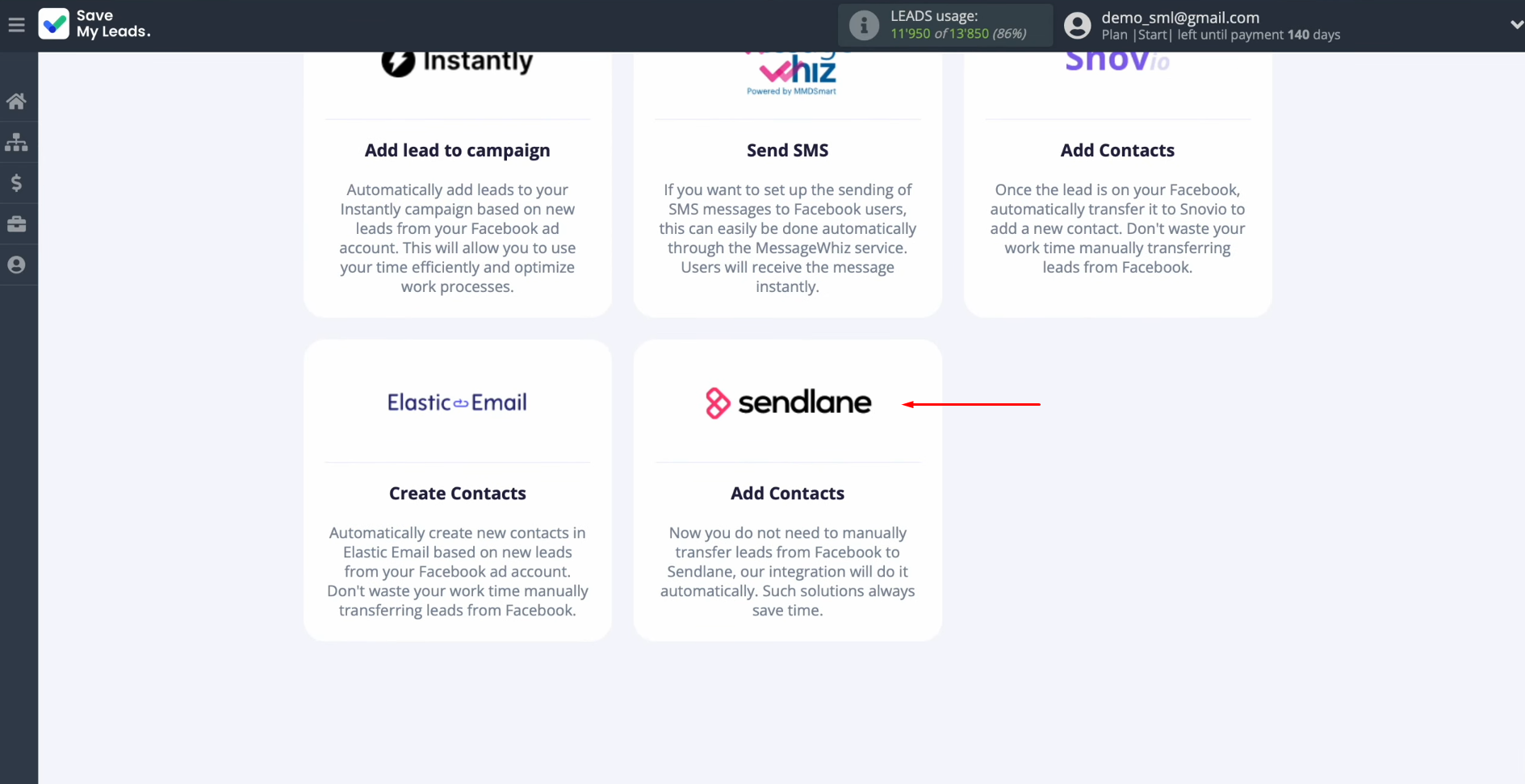 Sendlane and Facebook integration | Select the system where you want to transfer new leads Sendlane and Facebook integration | Select the system where you want to transfer new leads