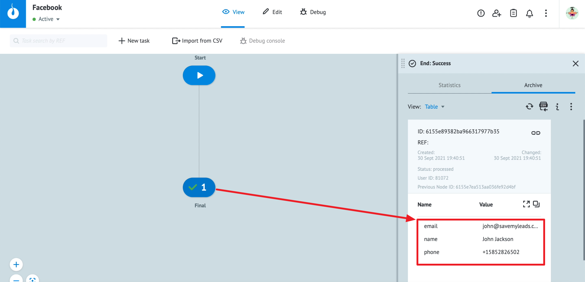 How to set up uploading new leads from a Facebook ad account in Corezoid | Checking the display of test data in Corezoid How to set up uploading new leads from a Facebook ad account in Corezoid | Checking the display of test data in Corezoid