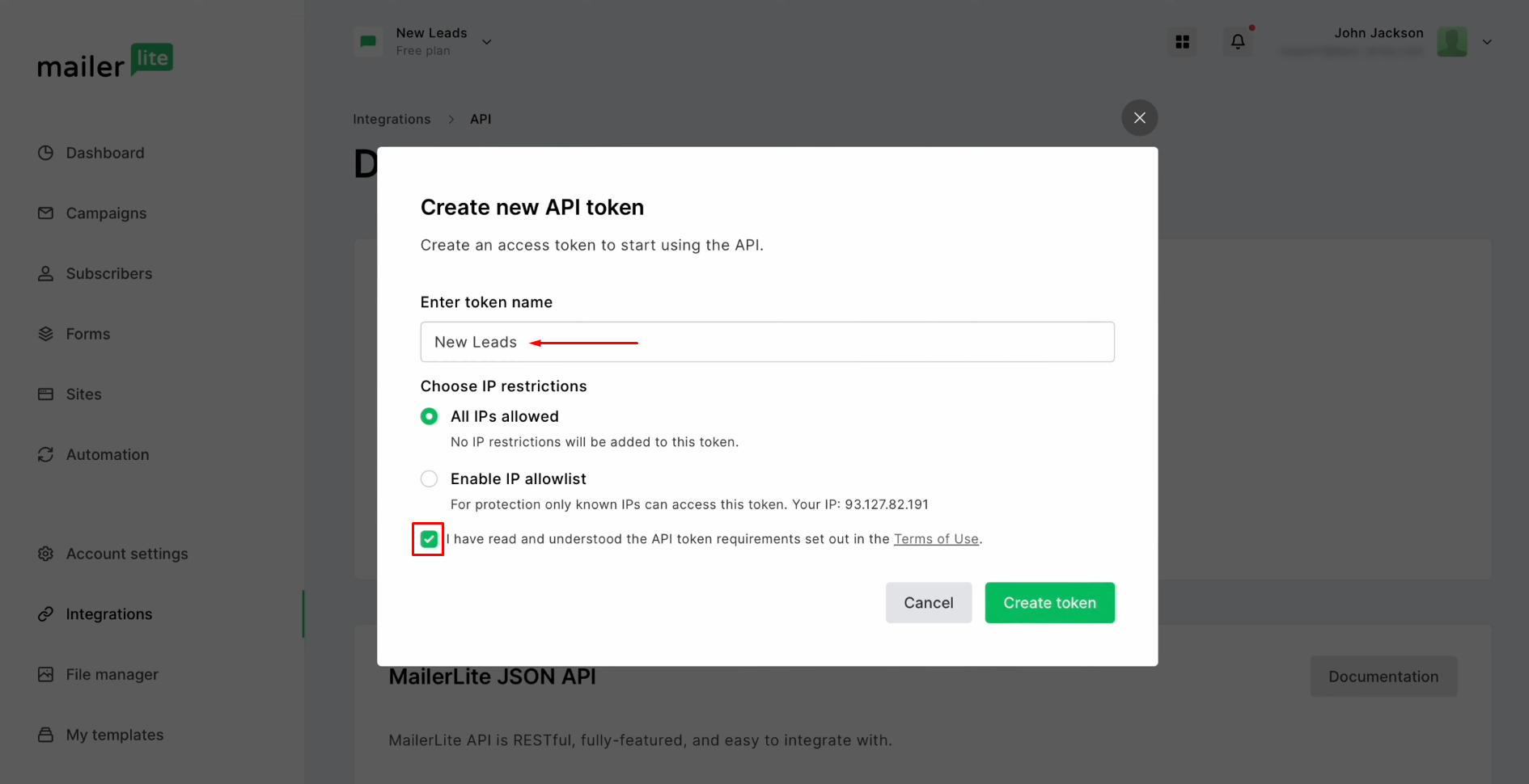 MailerLite and TikTok integration | Give the token a name, check the box, and click "Create token" MailerLite and TikTok integration | Give the token a name, check the box, and click "Create token"