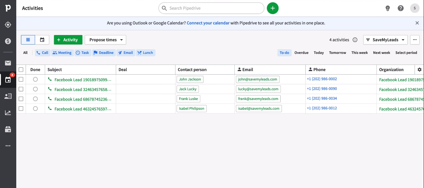 Facebook and Pipedrive integration | Tasks in the Pipedrive Facebook and Pipedrive integration | Tasks in the Pipedrive