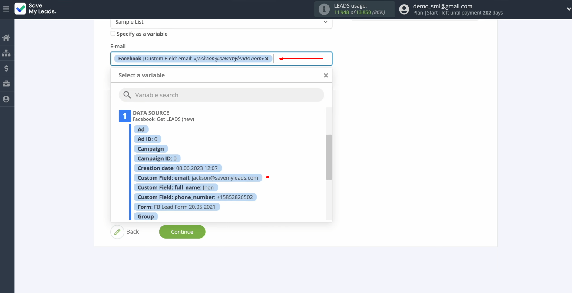 Facebook and Vbout integration | Select the required variable from the drop-down list Facebook and Vbout integration | Select the required variable from the drop-down list