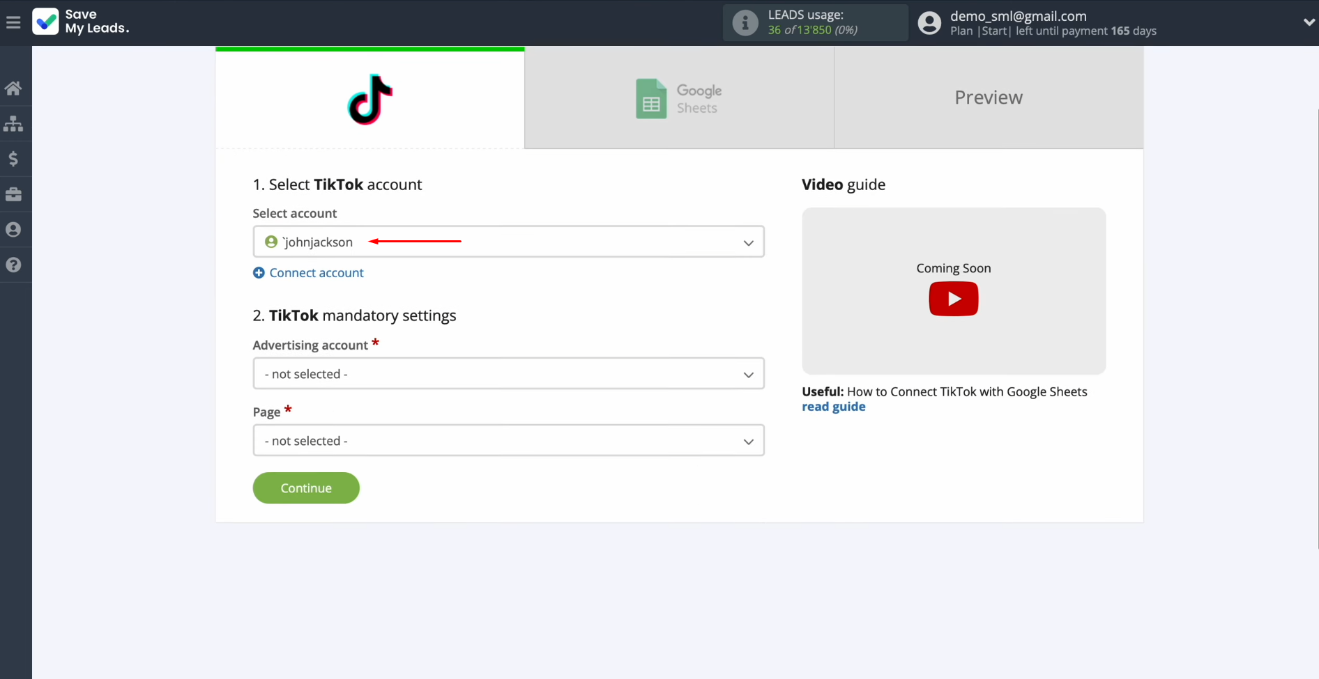 TikTok and Google Sheets integration | Select the connected account TikTok and Google Sheets integration | Select the connected account