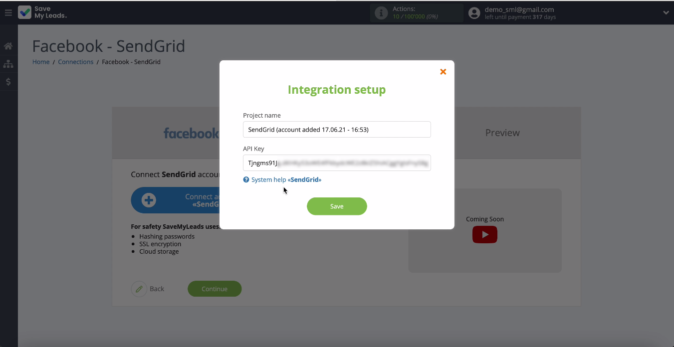 Facebook and SendGrid integration | Fill in the field and click Save Facebook and SendGrid integration | Fill in the field and click Save