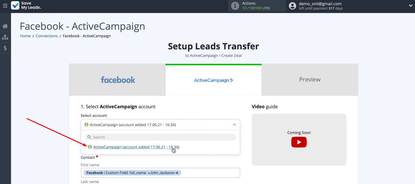 Facebook and ActiveCampaign integration | Select the ActiveCampaign account Facebook and ActiveCampaign integration | Select the ActiveCampaign account