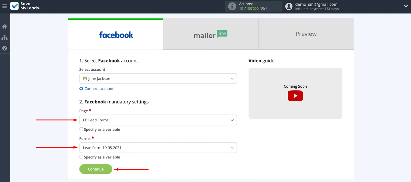 Facebook and MailerLite integration | Define page and form Facebook and MailerLite integration | Define page and form