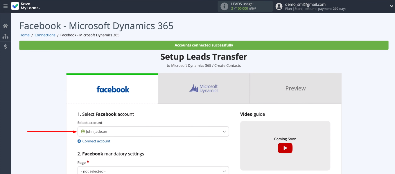 Facebook and Microsoft Dynamics 365 integration | Select the added Facebook account Facebook and Microsoft Dynamics 365 integration | Select the added Facebook account