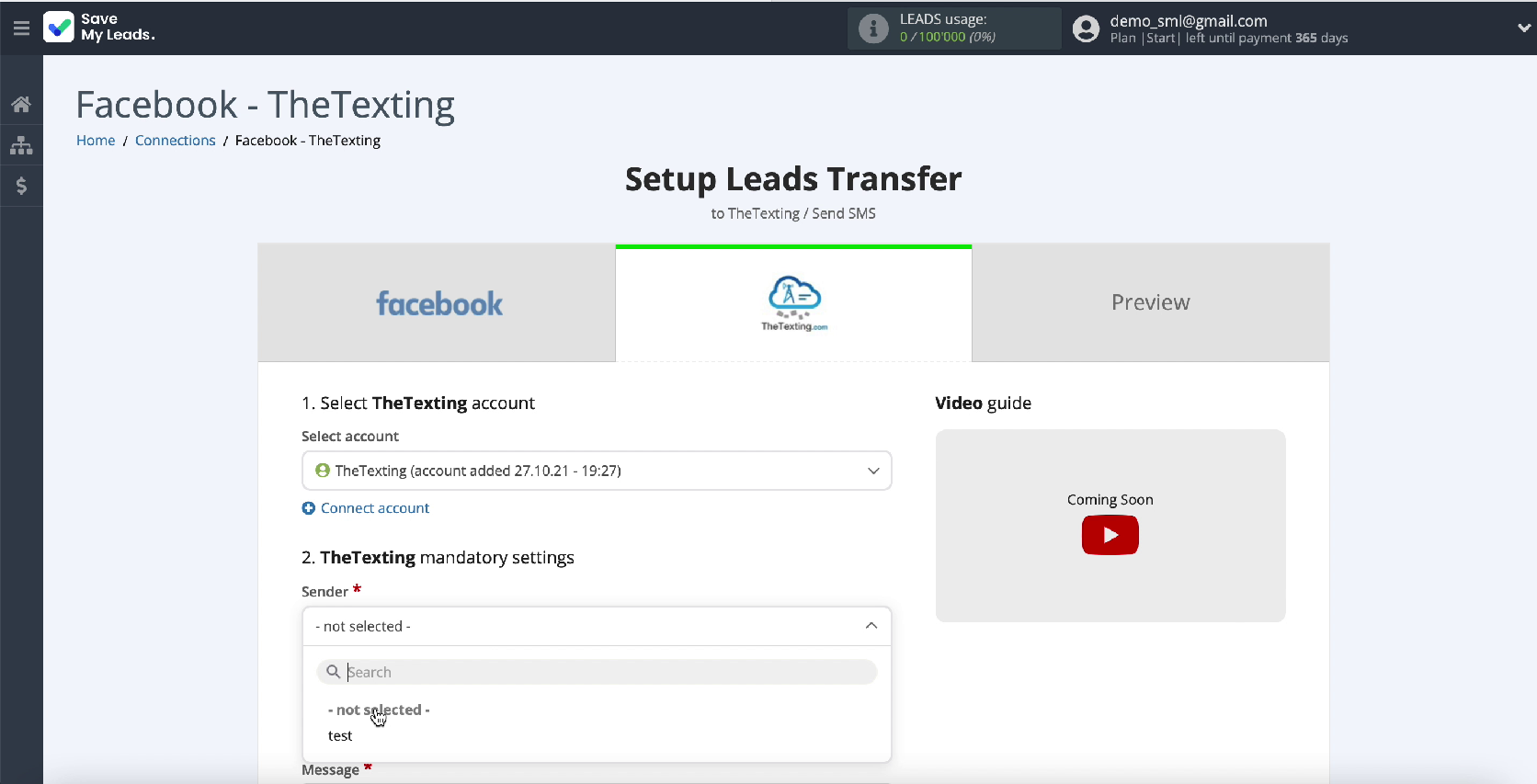 Facebook and The Texting integration | Fill in the Sender field Facebook and The Texting integration | Fill in the Sender field