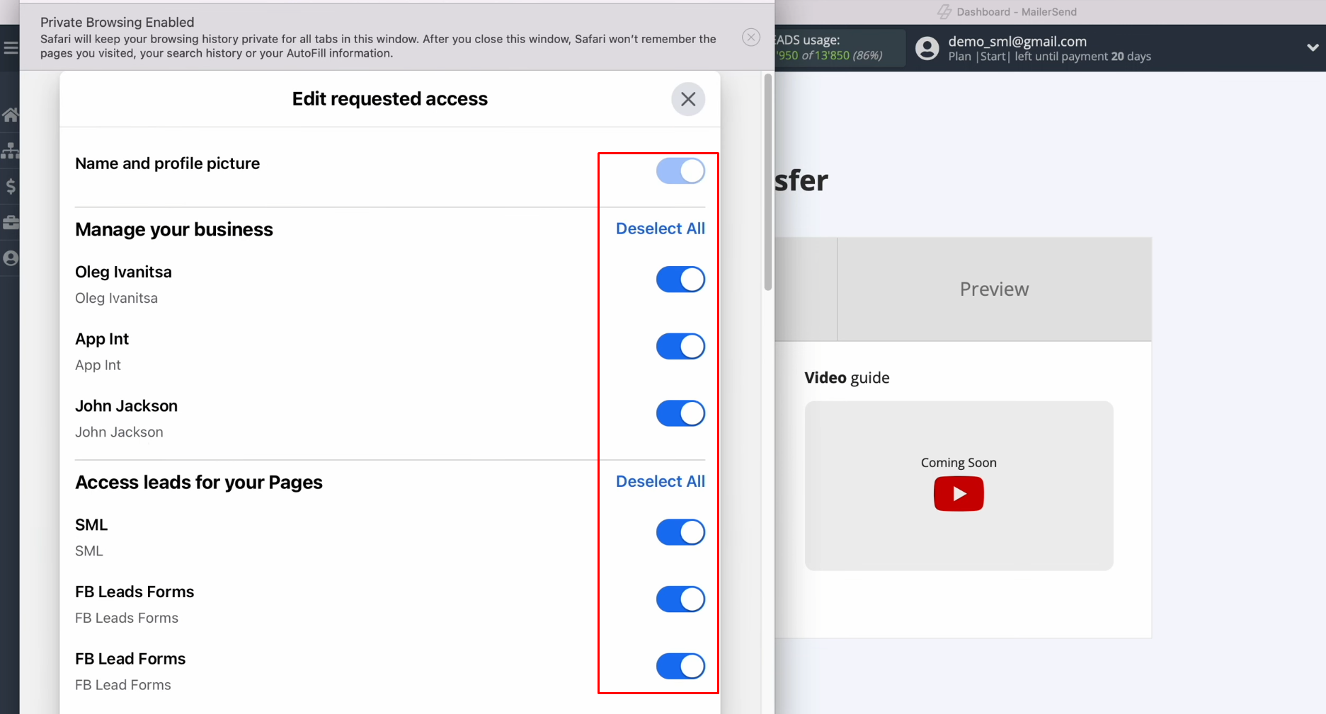 Facebook and MailerSend integration | Leave all access checkboxes enabled Facebook and MailerSend integration | Leave all access checkboxes enabled