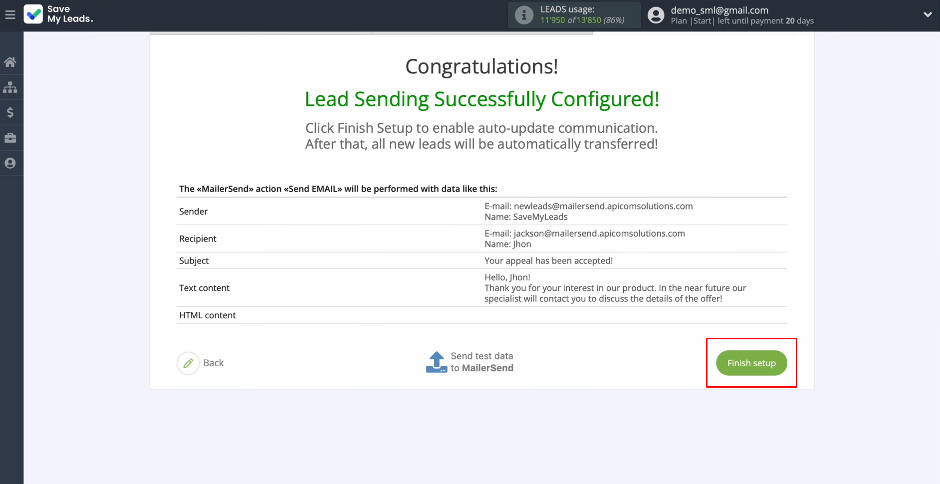 Facebook and MailerSend integration | To enable auto-update, click "Finish setup" Facebook and MailerSend integration | To enable auto-update, click "Finish setup"
