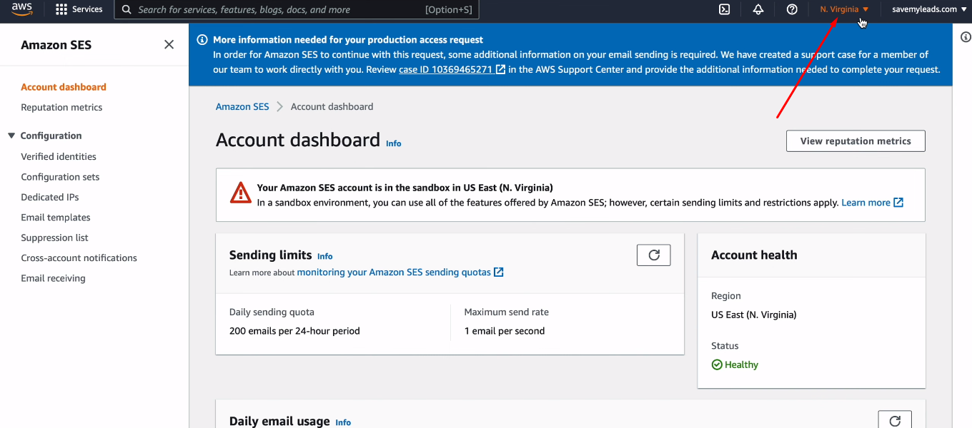 Facebook and Amazon SES integration | The actual name of the region Facebook and Amazon SES integration | The actual name of the region