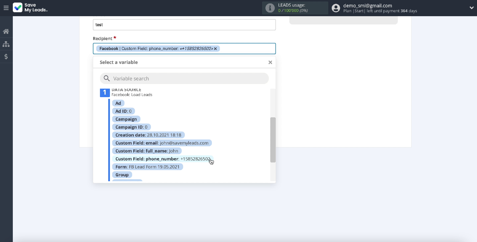 Set a variable in the Recipient field Set a variable in the Recipient field