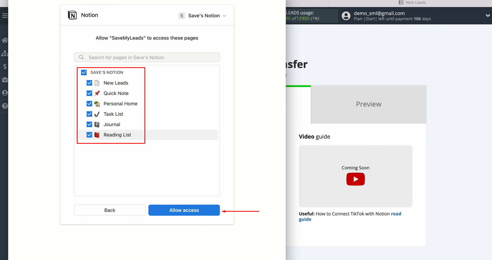 Notion and TikTok integration | Select all pages and confirm by clicking "Allow Access" Notion and TikTok integration | Select all pages and confirm by clicking "Allow Access"