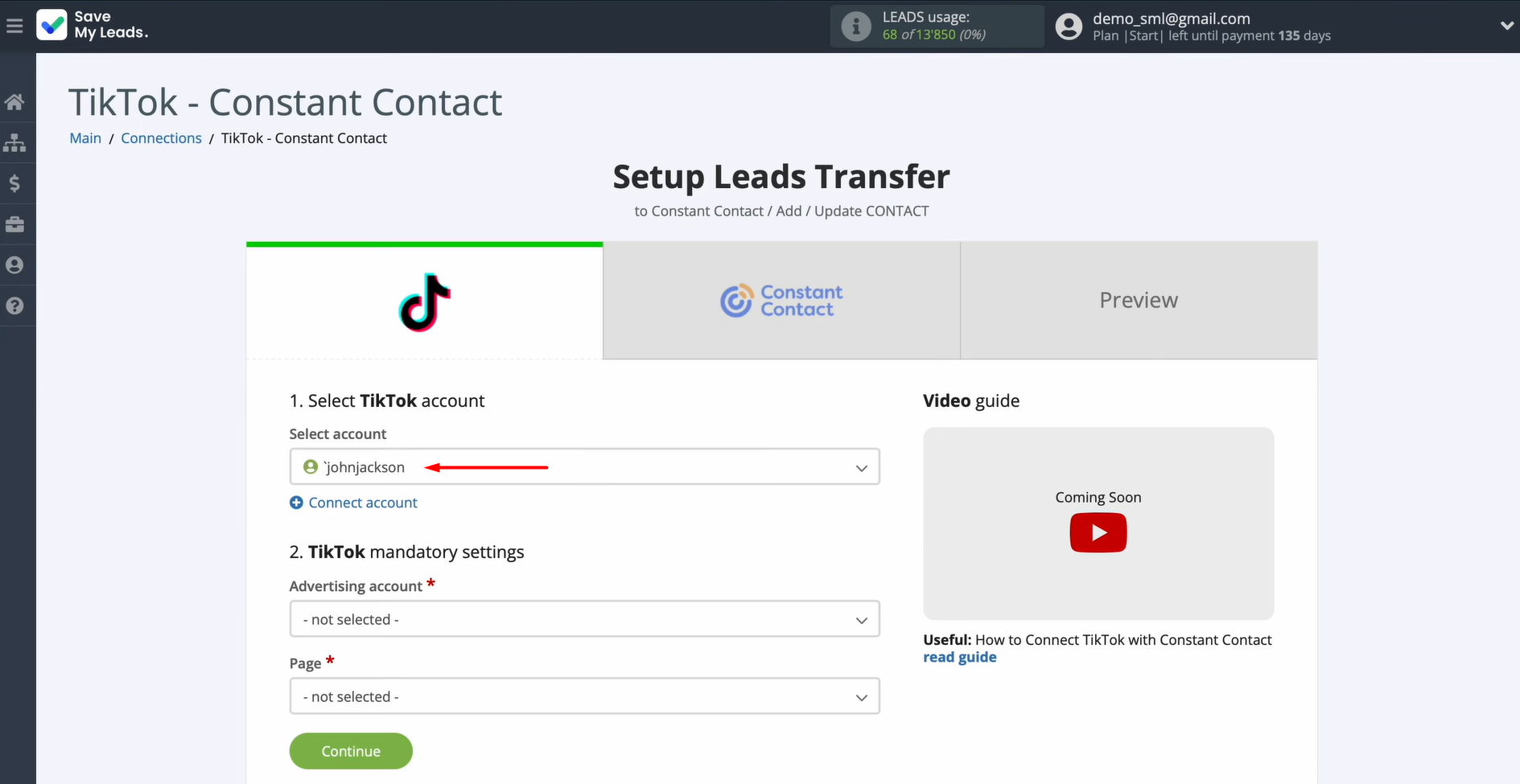 Select the connected account Select the connected account