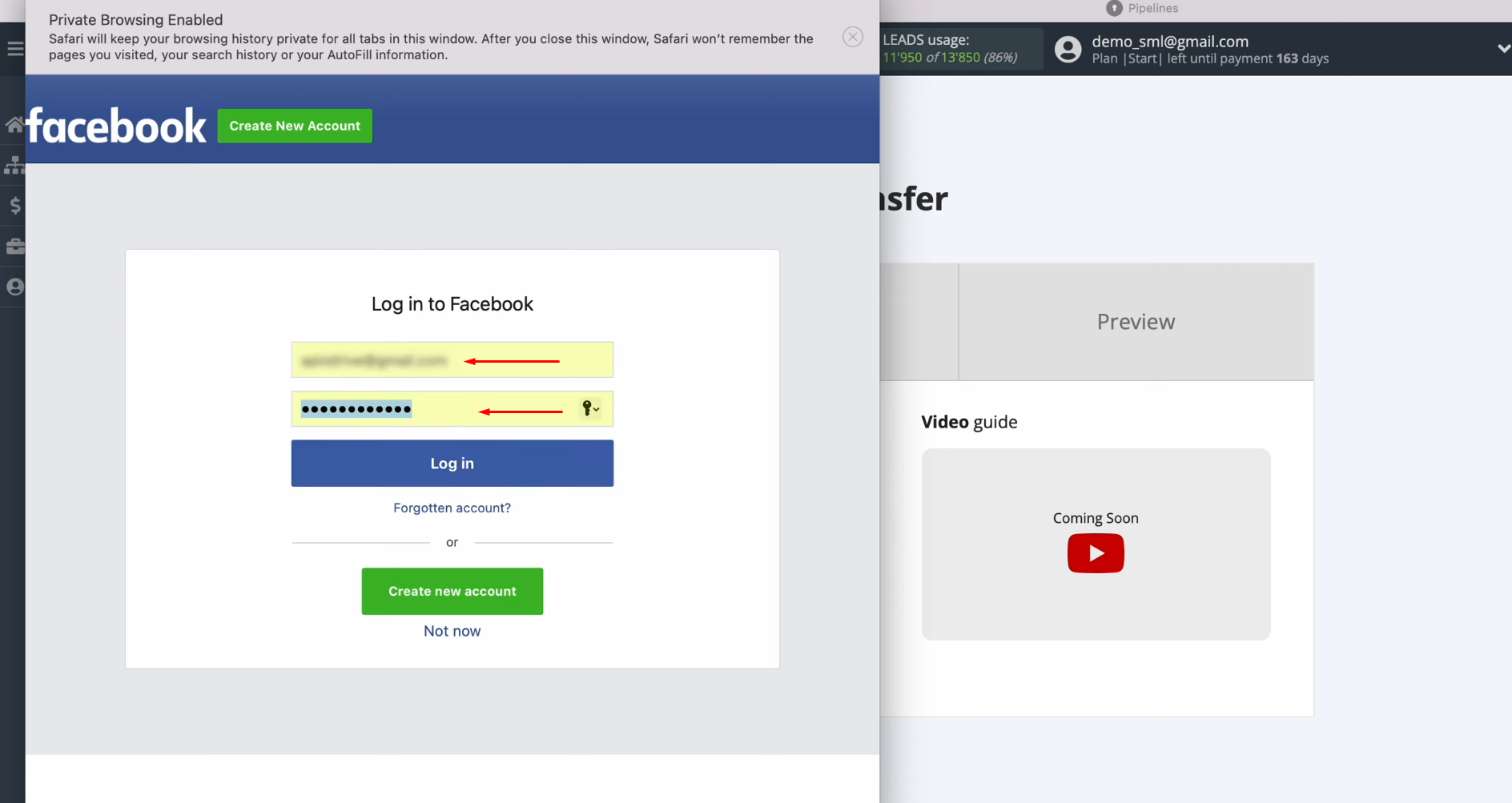 Facebook and KeyCRM integration | Specify the login and password Facebook and KeyCRM integration | Specify the login and password