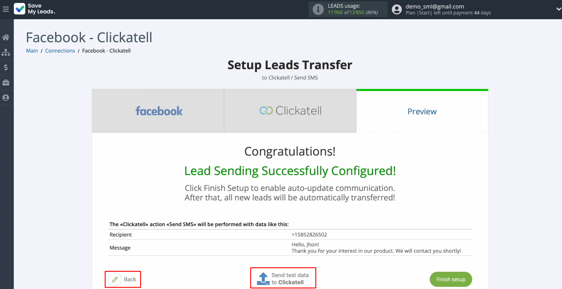Facebook and Clickatell integration | Click “Back” or "Send test data to Clickatell" Facebook and Clickatell integration | Click “Back” or "Send test data to Clickatell"