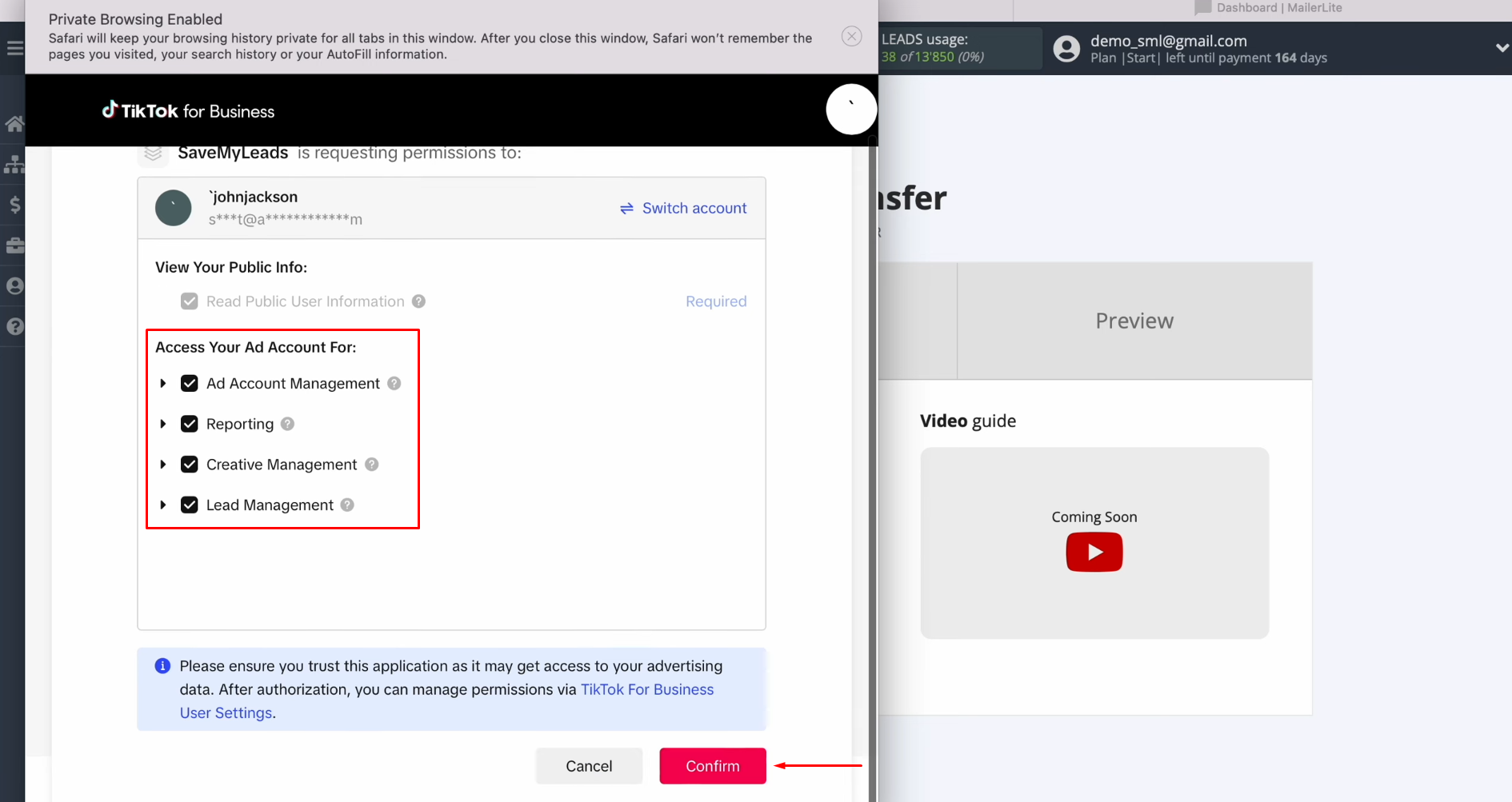 TikTok and MailerLite integration | Check all the fields and click "Confirm" TikTok and MailerLite integration | Check all the fields and click "Confirm"