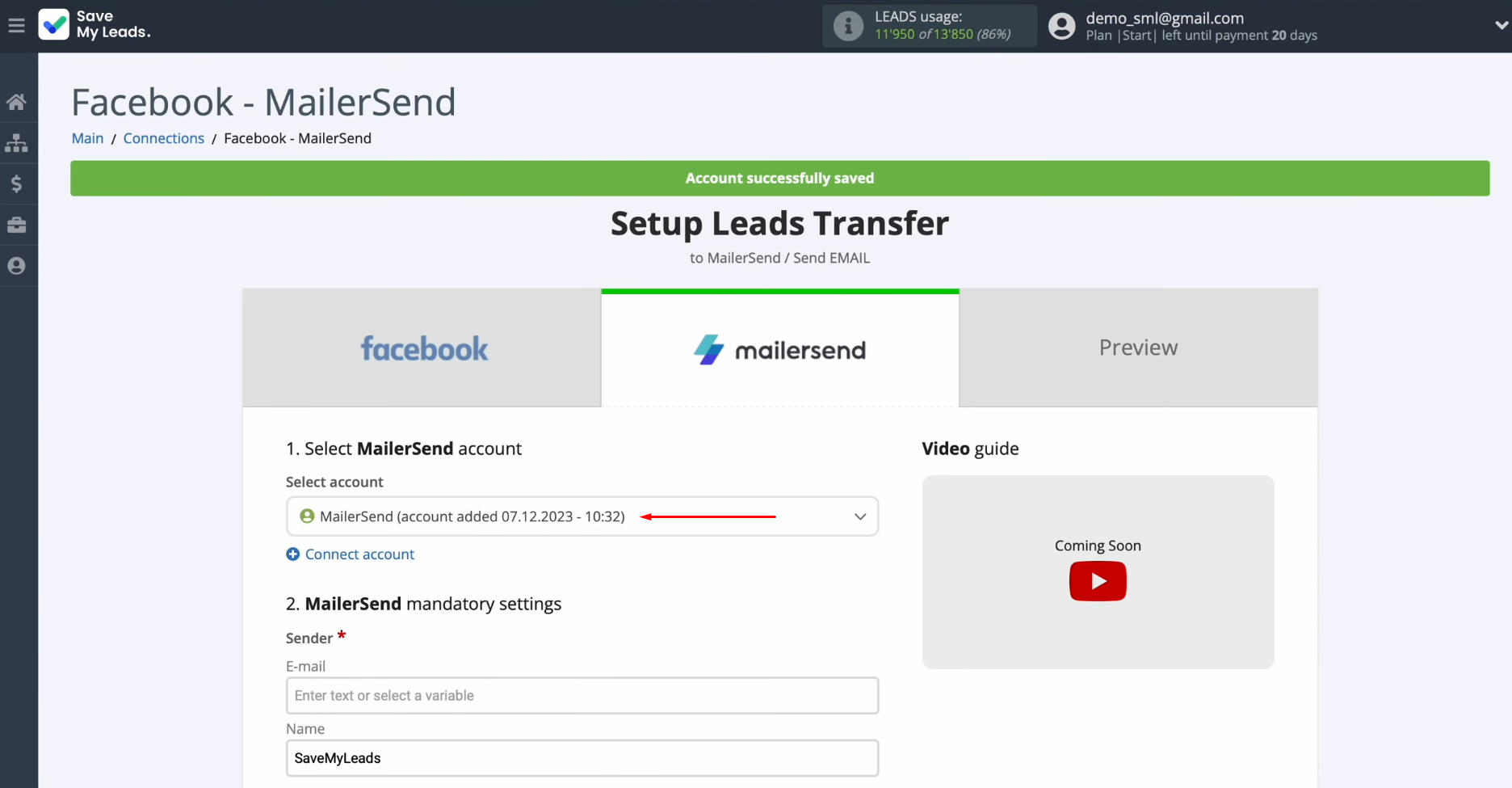 Facebook and MailerSend integration | Select the connected account Facebook and MailerSend integration | Select the connected account