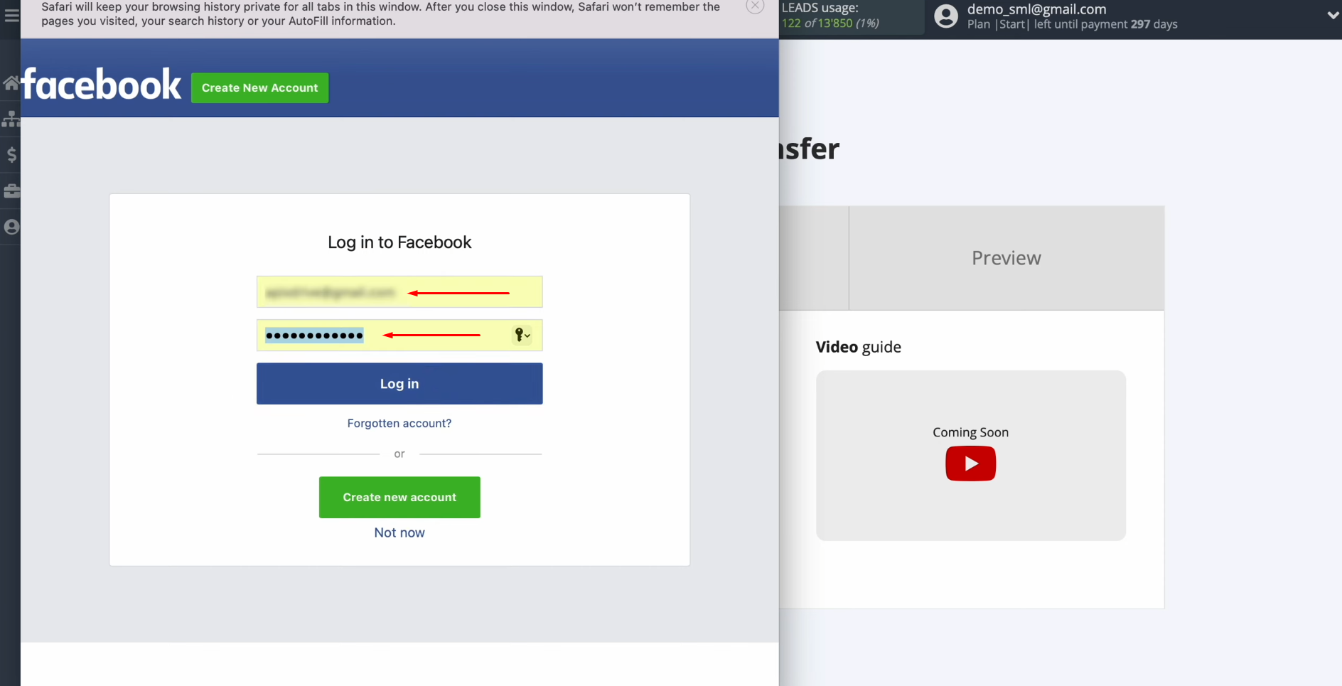 Facebook and Telegram integration | Specify the username and password of your Facebook account Facebook and Telegram integration | Specify the username and password of your Facebook account