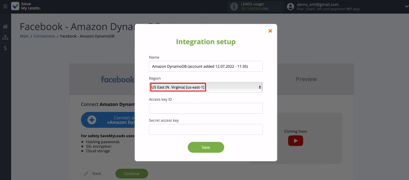 Facebook and Amazon DynamoDB integration | Set the "Region" field in SML Facebook and Amazon DynamoDB integration | Set the "Region" field in SML