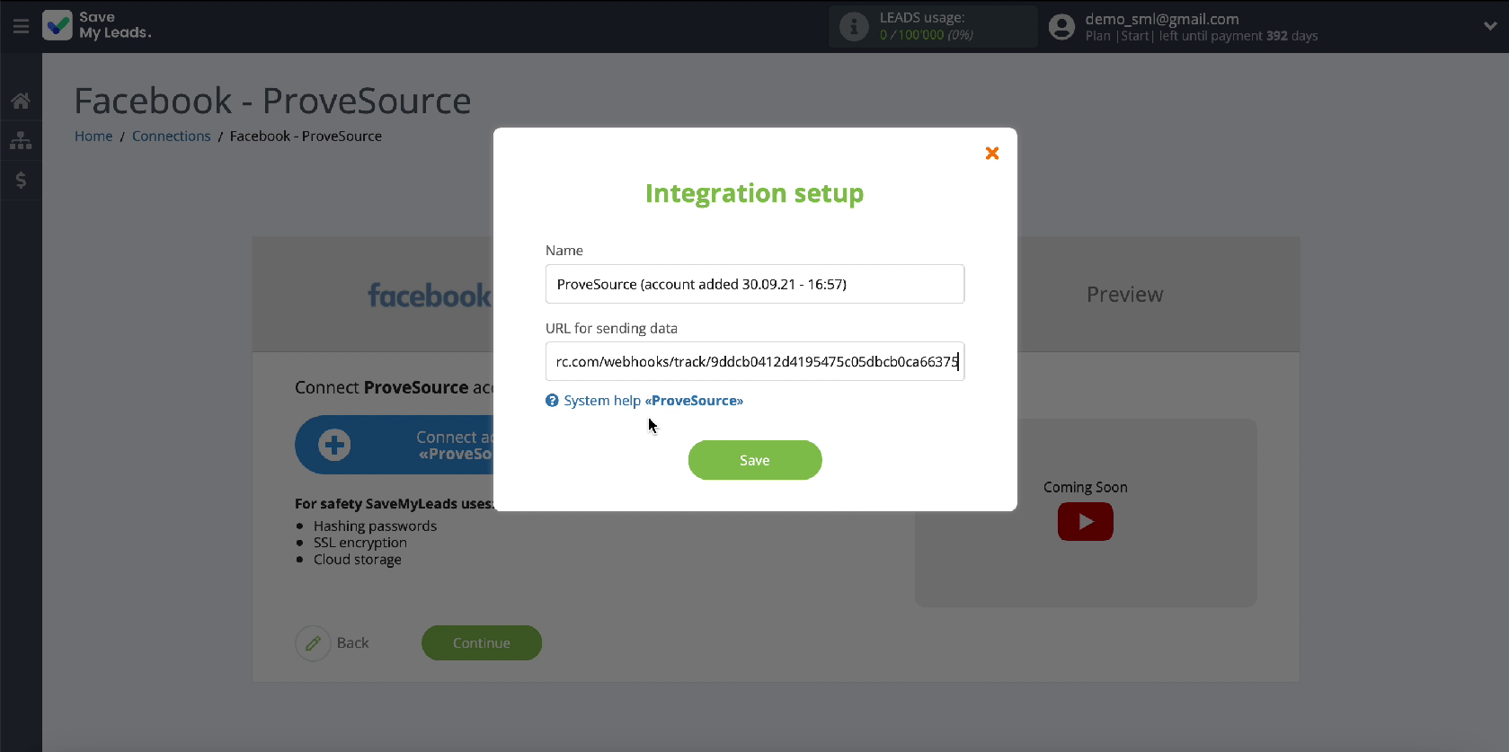 How to Automatically Send Data to ProveSource from Facebook Leads | SaveMyLeads service connection window How to Automatically Send Data to ProveSource from Facebook Leads | SaveMyLeads service connection window