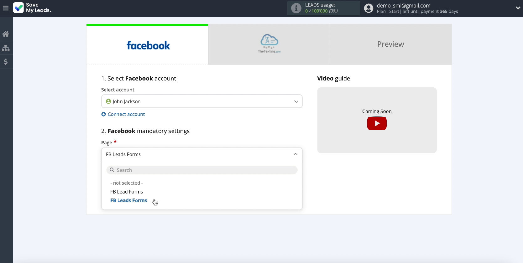 Facebook and The Texting integration | Select ad page Facebook and The Texting integration | Select ad page
