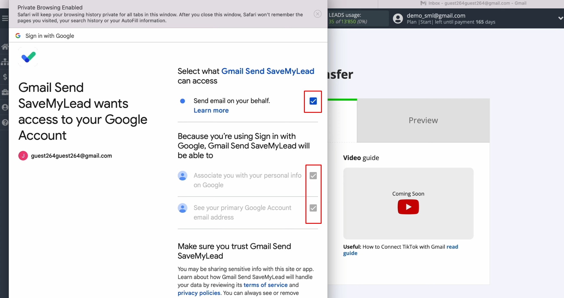 TikTok and Gmail integration | Check all the access boxes TikTok and Gmail integration | Check all the access boxes