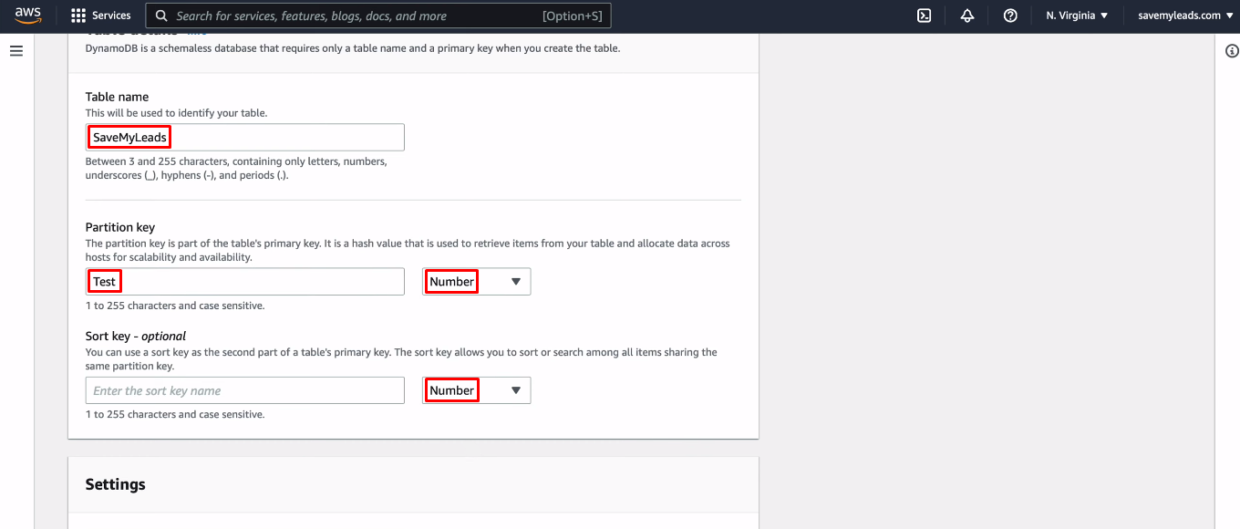 Facebook and Amazon DynamoDB integration | Define name of the table and the Partition key Facebook and Amazon DynamoDB integration | Define name of the table and the Partition key