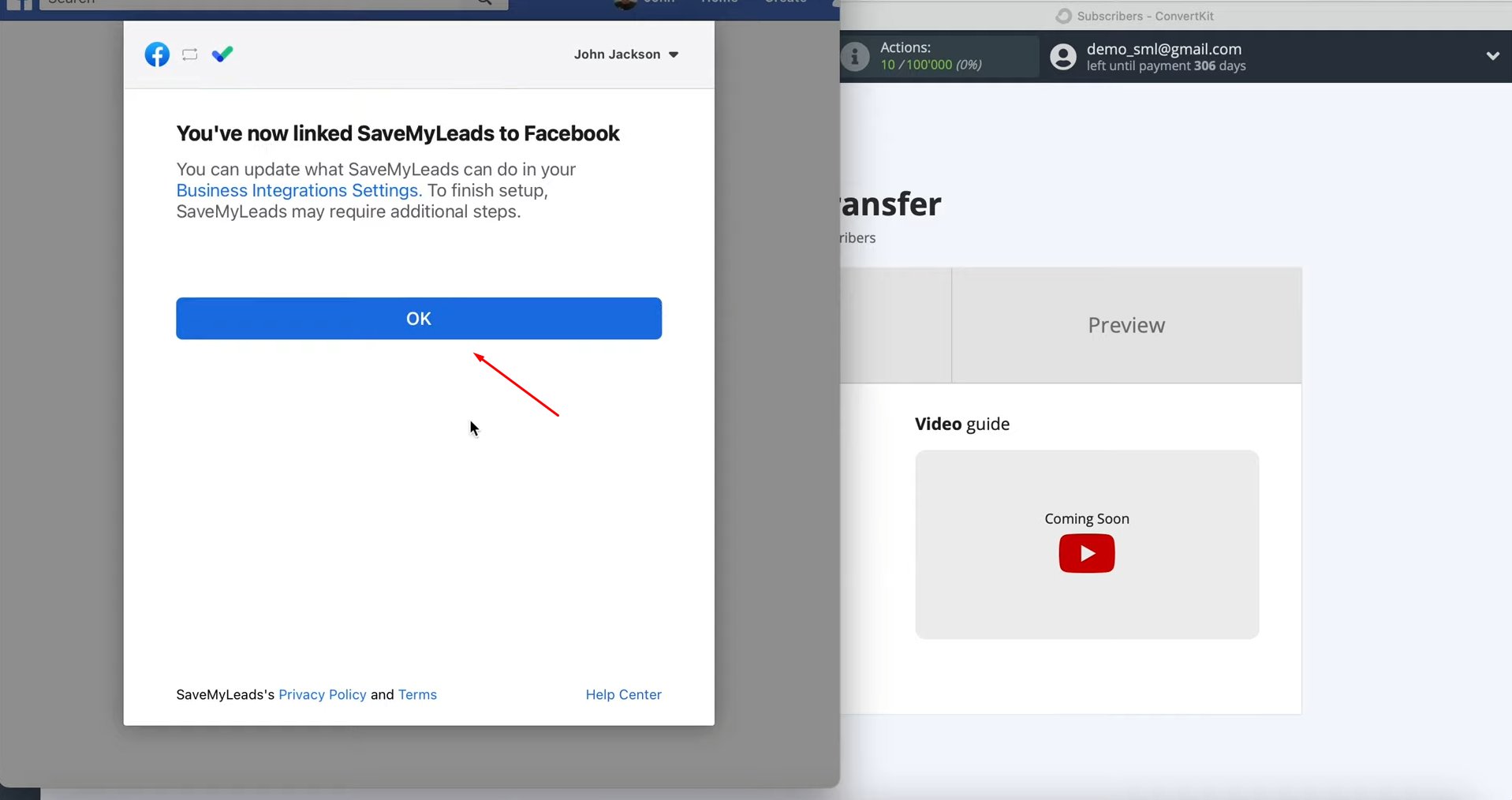 Facebook and ConvertKit integration | Click “Ok” Facebook and ConvertKit integration | Click “Ok”