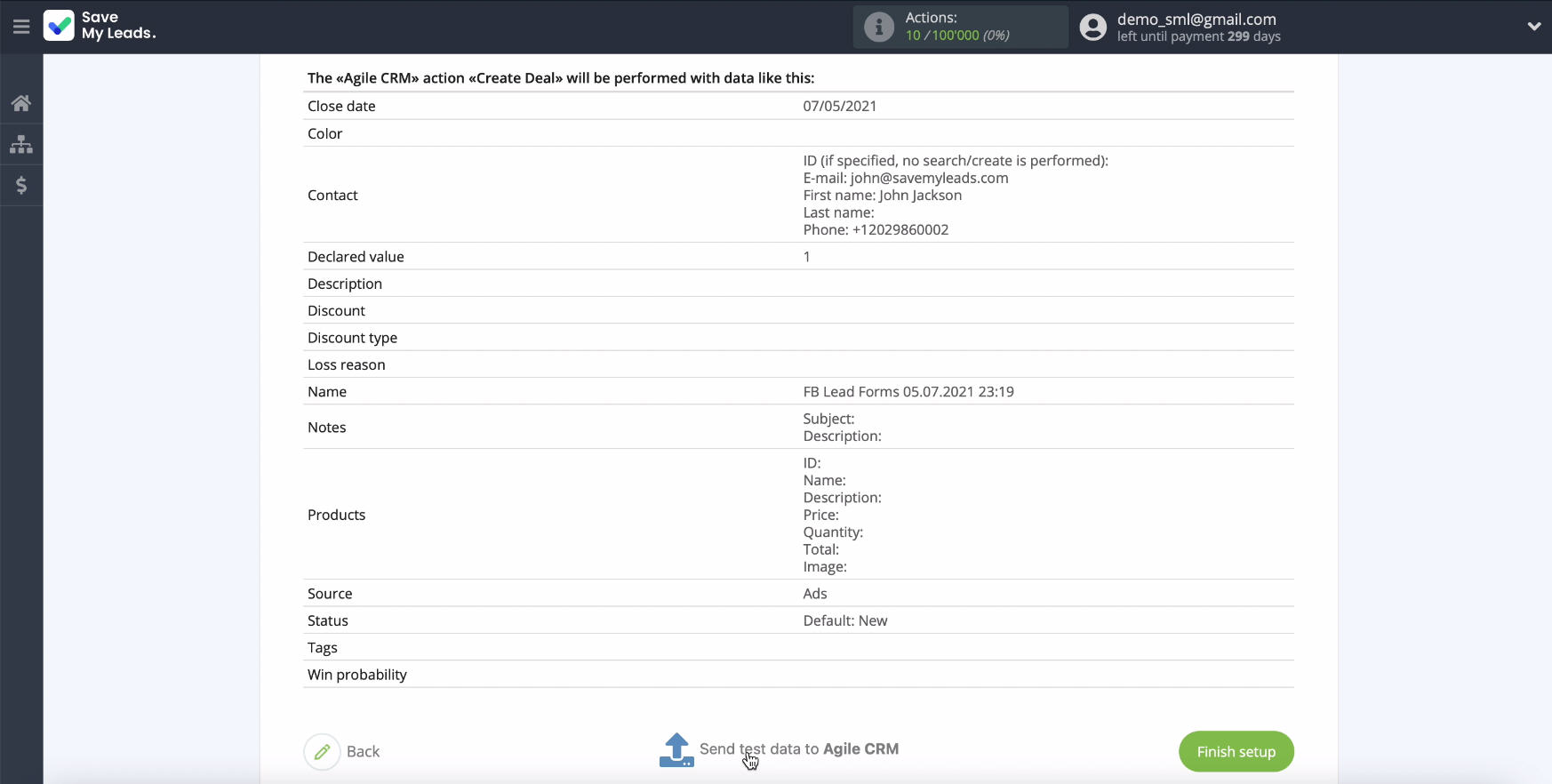 Facebook and AgileCRM integration | Submitting Test Data Facebook and AgileCRM integration | Submitting Test Data