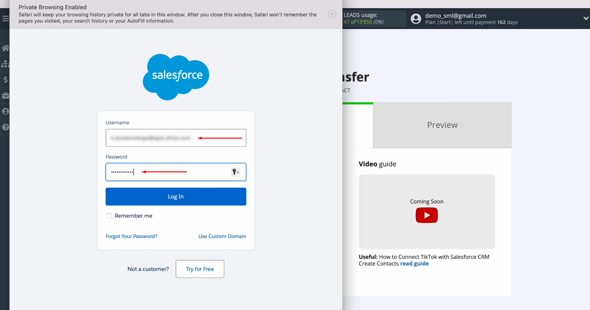 Enter the login and password for your Salesforce CRM account Enter the login and password for your Salesforce CRM account