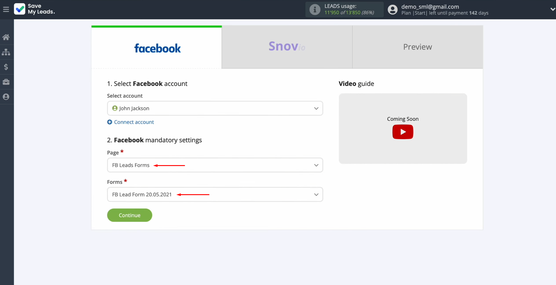 Snov.io and Facebook integration | Select the advertising page and the form Snov.io and Facebook integration | Select the advertising page and the form