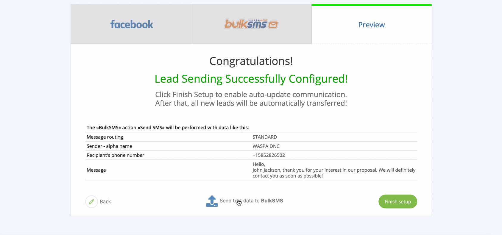 Facebook and BulkSMS integration | Click Send Test Data to BulkSMSto your BulkSMS Facebook and BulkSMS integration | Click Send Test Data to BulkSMSto your BulkSMS