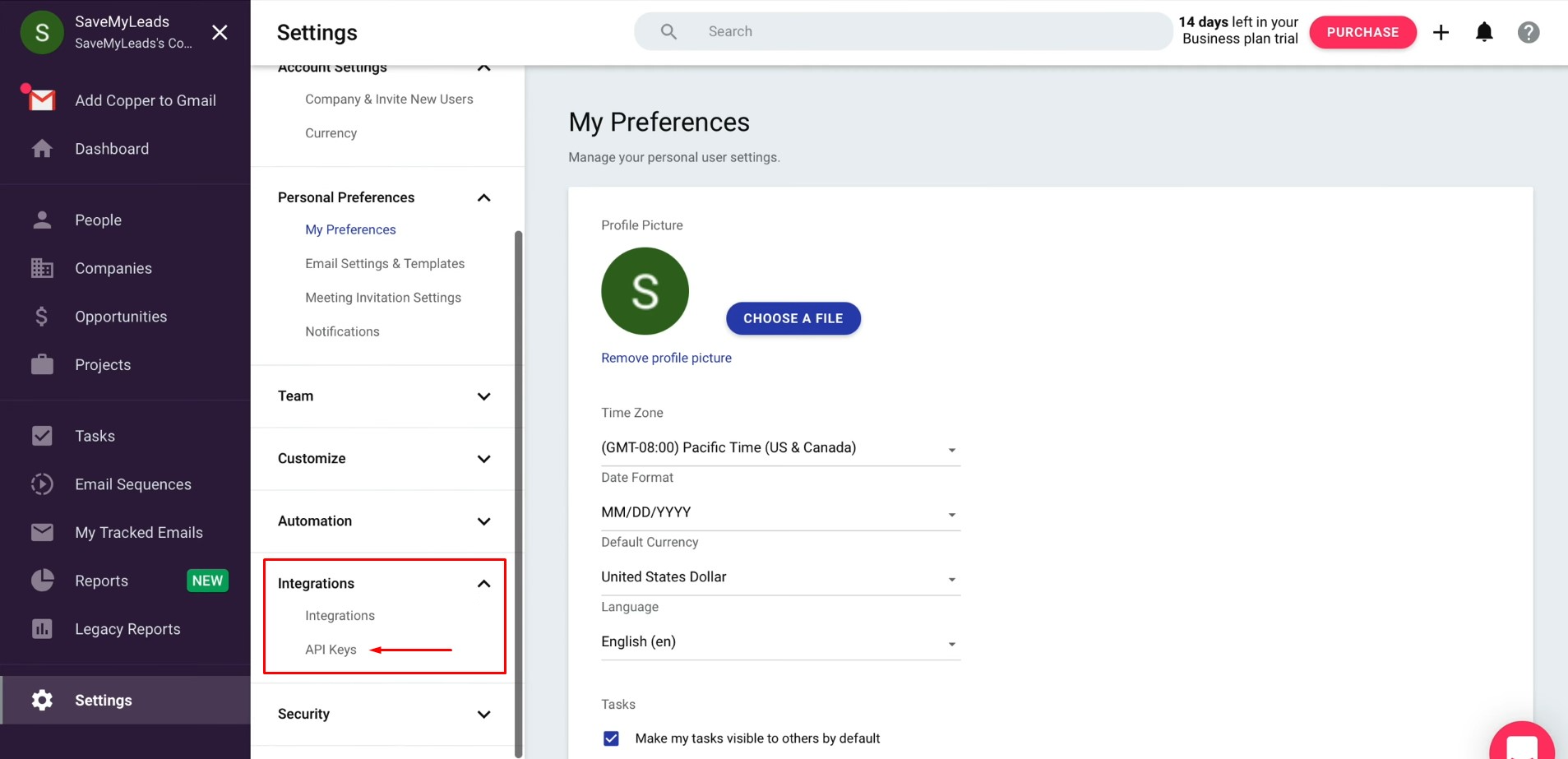 Facebook and Copper integration | Click on “API Keys” Facebook and Copper integration | Click on “API Keys”