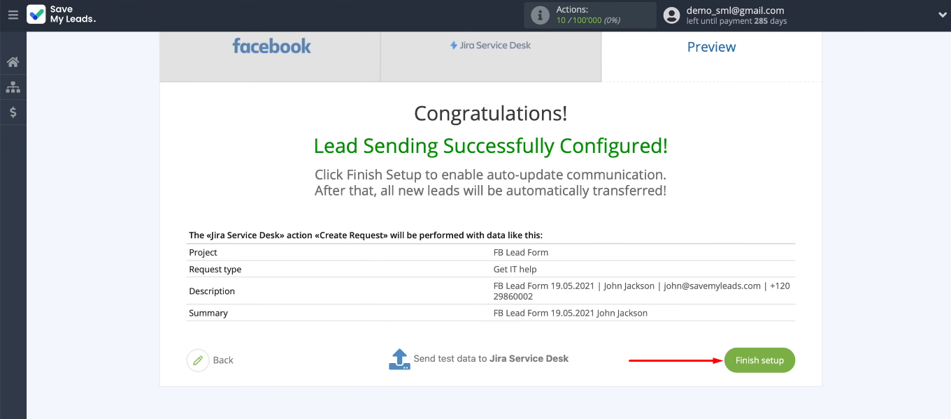 Facebook and Jira Service Desk integration | Click "Finish setup" Facebook and Jira Service Desk integration | Click "Finish setup"
