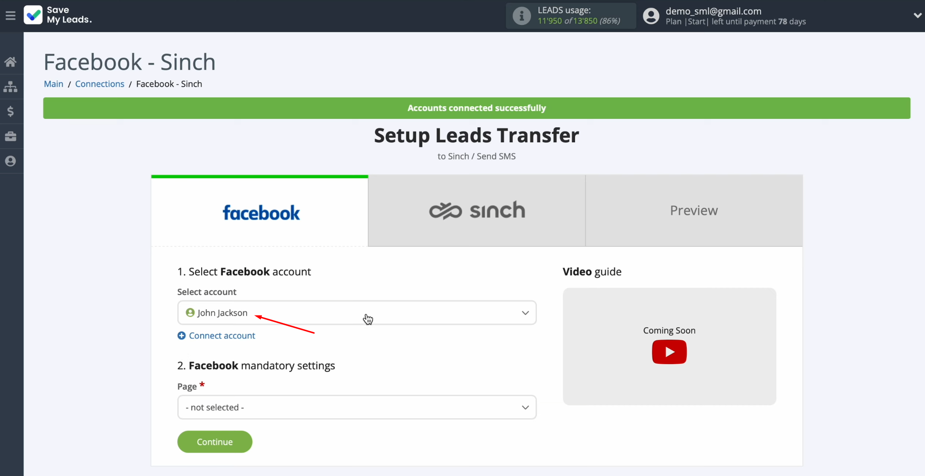 Facebook and Sinch integration | Select the connected login Facebook and Sinch integration | Select the connected login