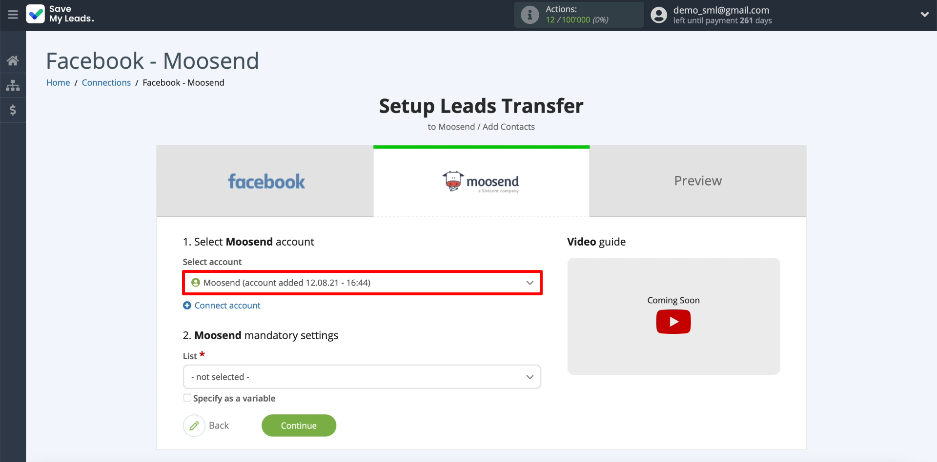 How to set up the upload of new leads from your Facebook ad account in Moosend | Select the connected Moosend account How to set up the upload of new leads from your Facebook ad account in Moosend | Select the connected Moosend account