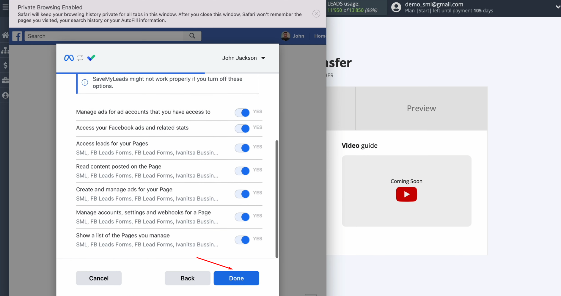 Facebook and Drip integration | Leave all checkboxes enabled and click “Done” Facebook and Drip integration | Leave all checkboxes enabled and click “Done”