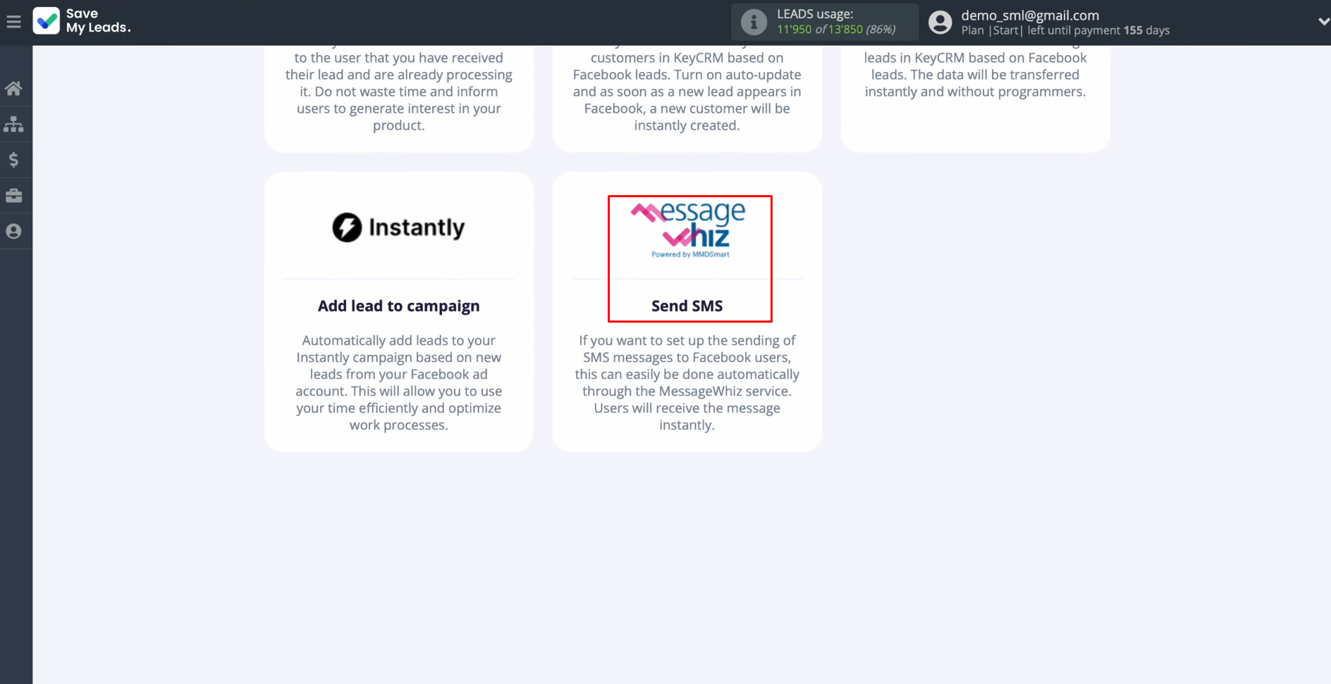 MessageWhiz and Facebook integration | Choose MessageWhiz (Send SMS) MessageWhiz and Facebook integration | Choose MessageWhiz (Send SMS)