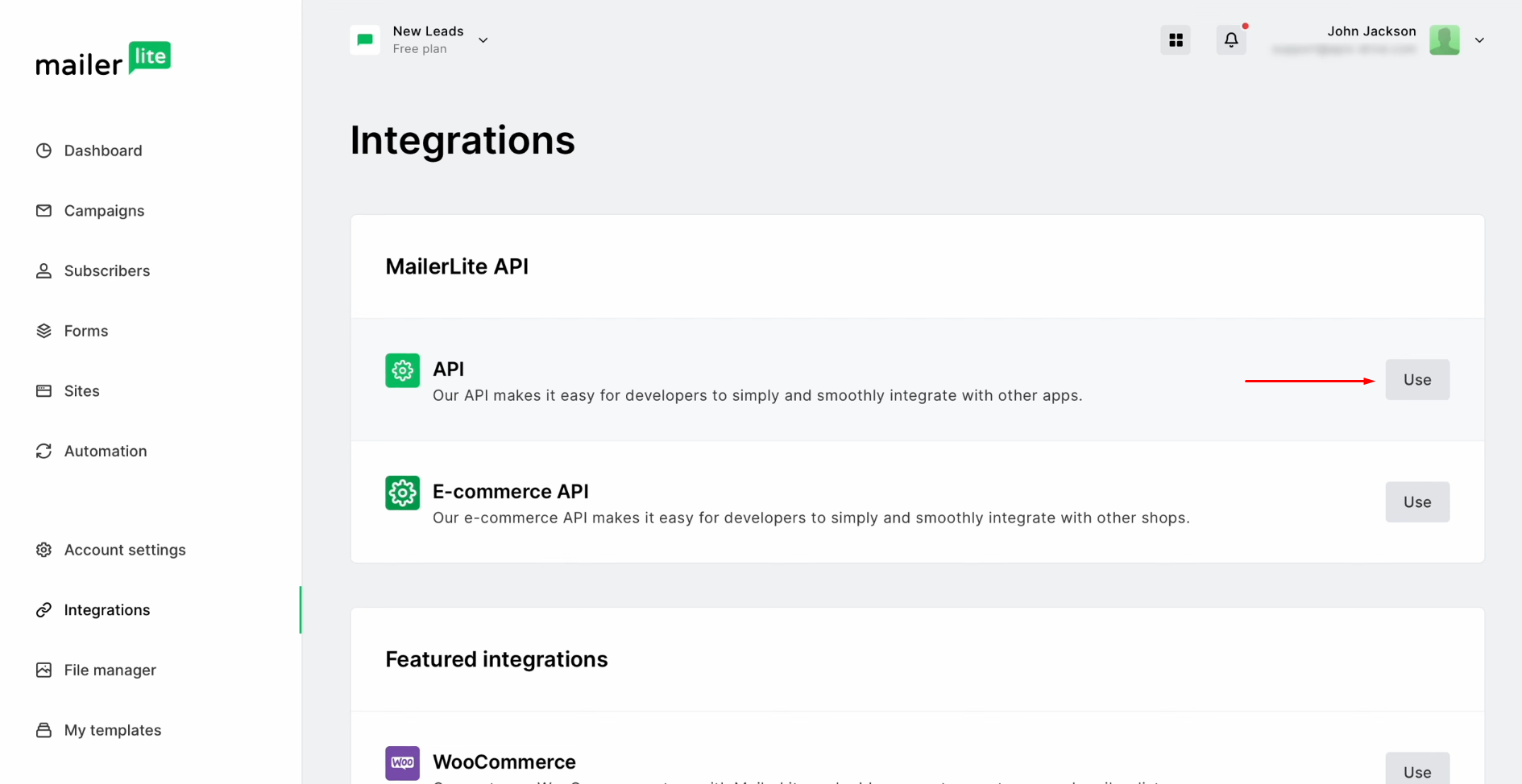 MailerLite and TikTok integration | In the API section, click "Use" MailerLite and TikTok integration | In the API section, click "Use"