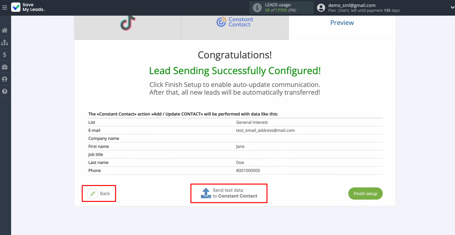 Send test data to Constant Contact Send test data to Constant Contact