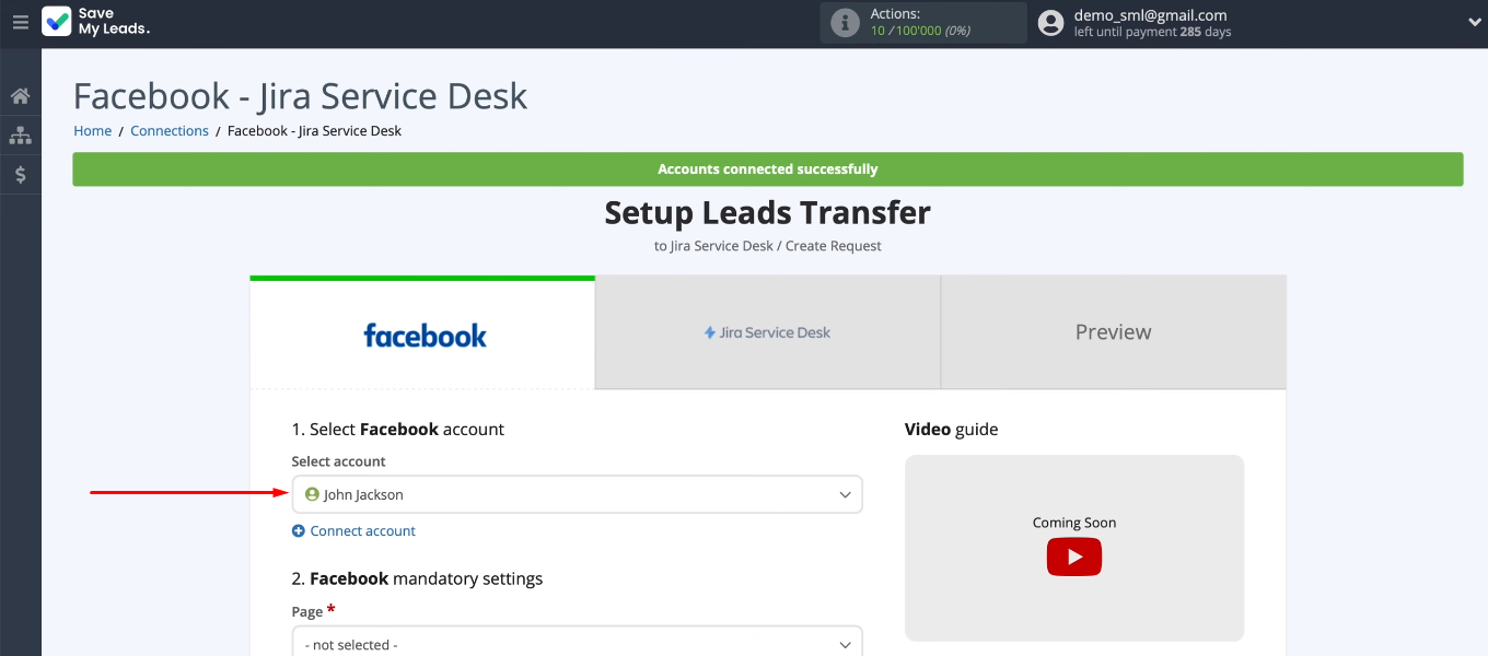 Facebook and Jira Service Desk integration | Select the connected FB account Facebook and Jira Service Desk integration | Select the connected FB account