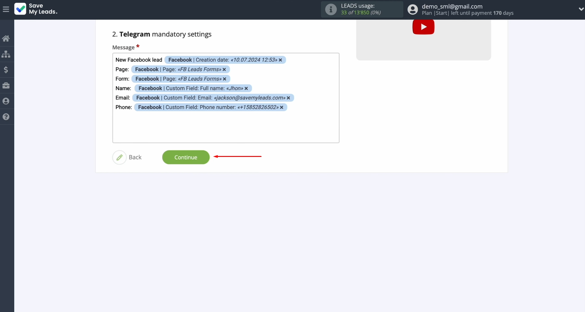Facebook and Telegram integration | When all required fields are filled in, click “Continue” Facebook and Telegram integration | When all required fields are filled in, click “Continue”
