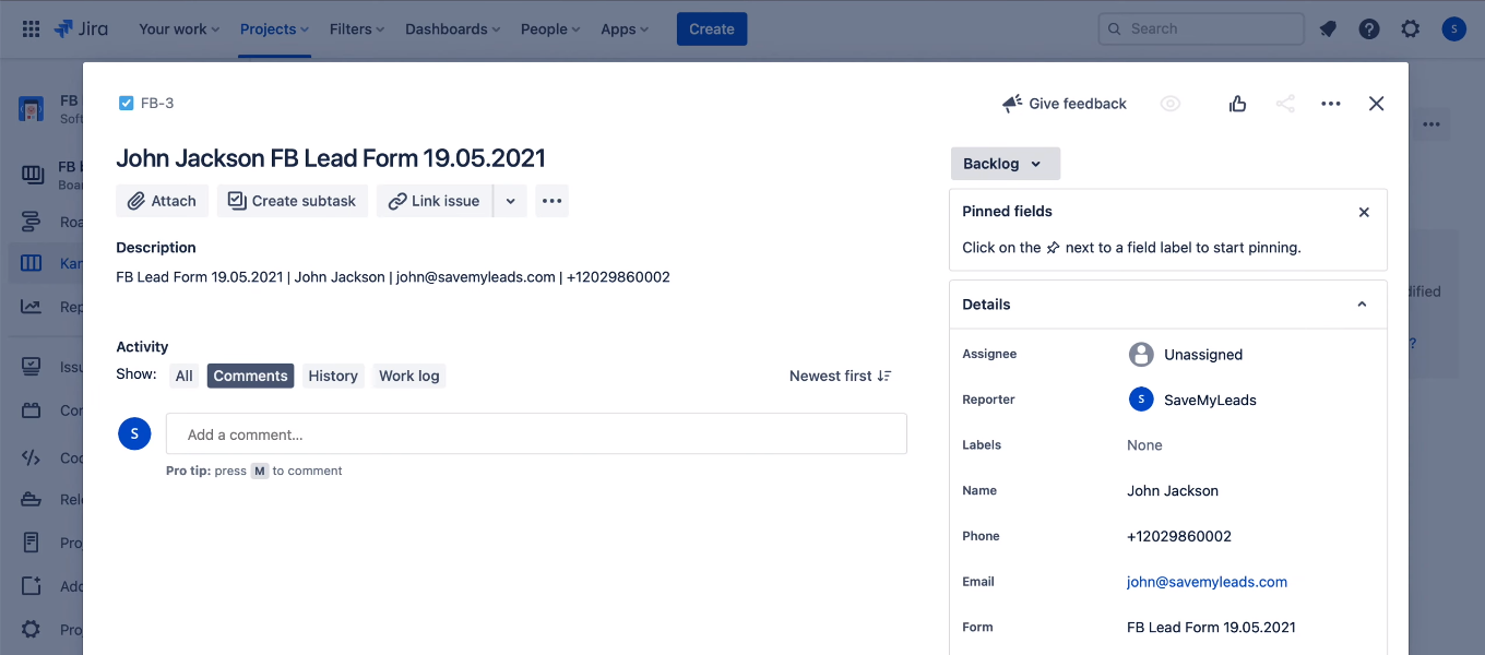Facebook and Jira Software Cloud integration | Check the correctness of adding a test request Facebook and Jira Software Cloud integration | Check the correctness of adding a test request