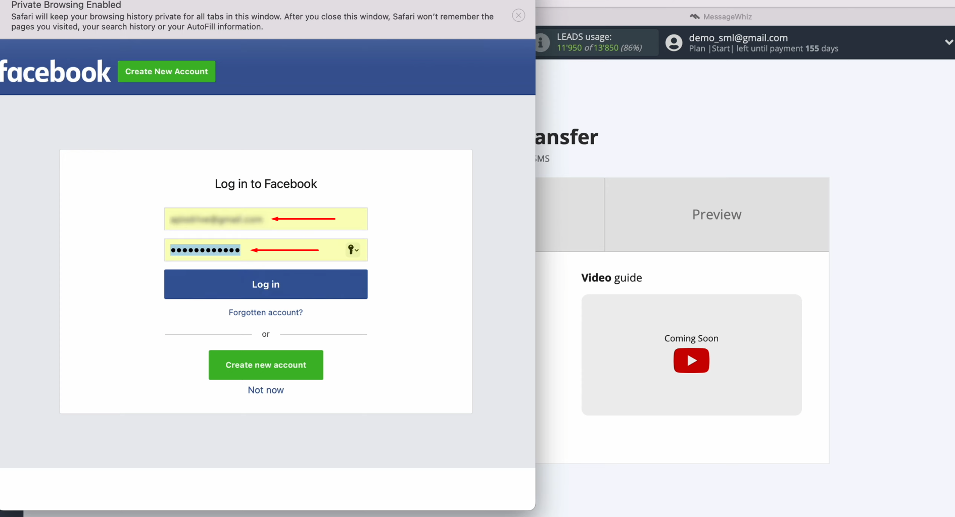 MessageWhiz and Facebook integration | Specify the login and password of your Facebook account MessageWhiz and Facebook integration | Specify the login and password of your Facebook account