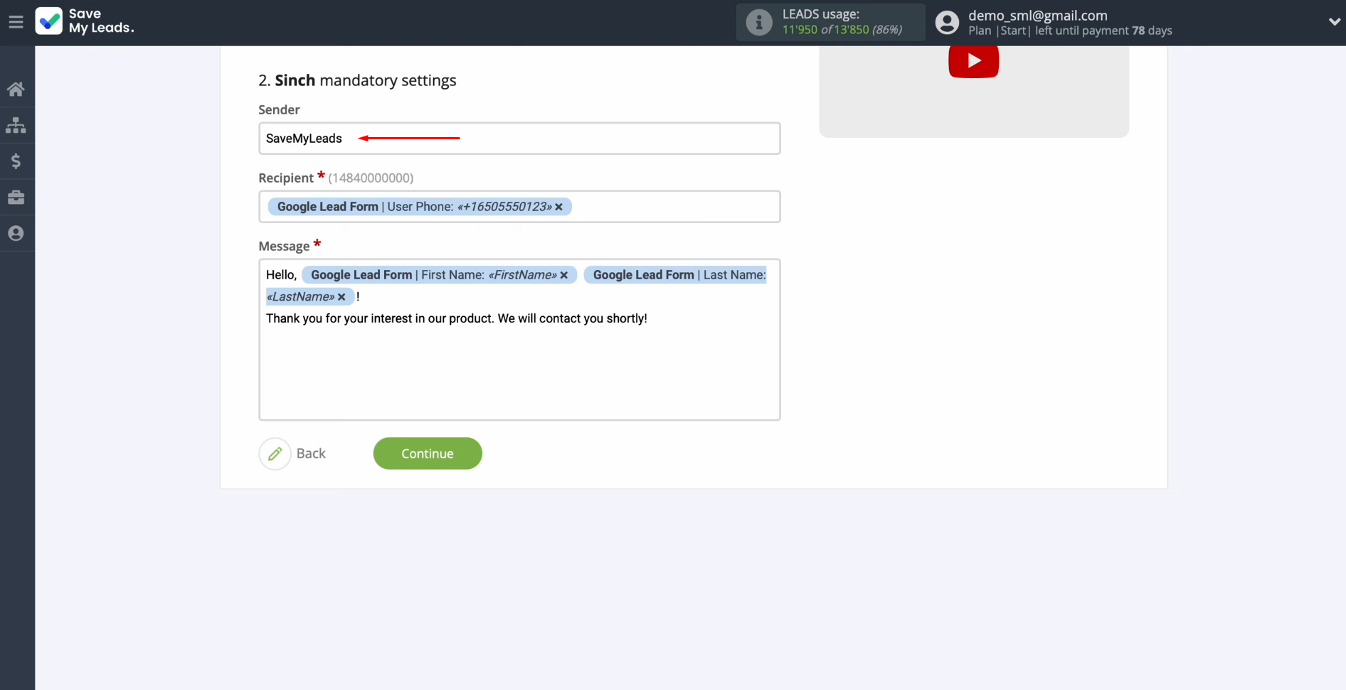 Google Lead Form and Sinch integration | Specify the name of the sender Google Lead Form and Sinch integration | Specify the name of the sender