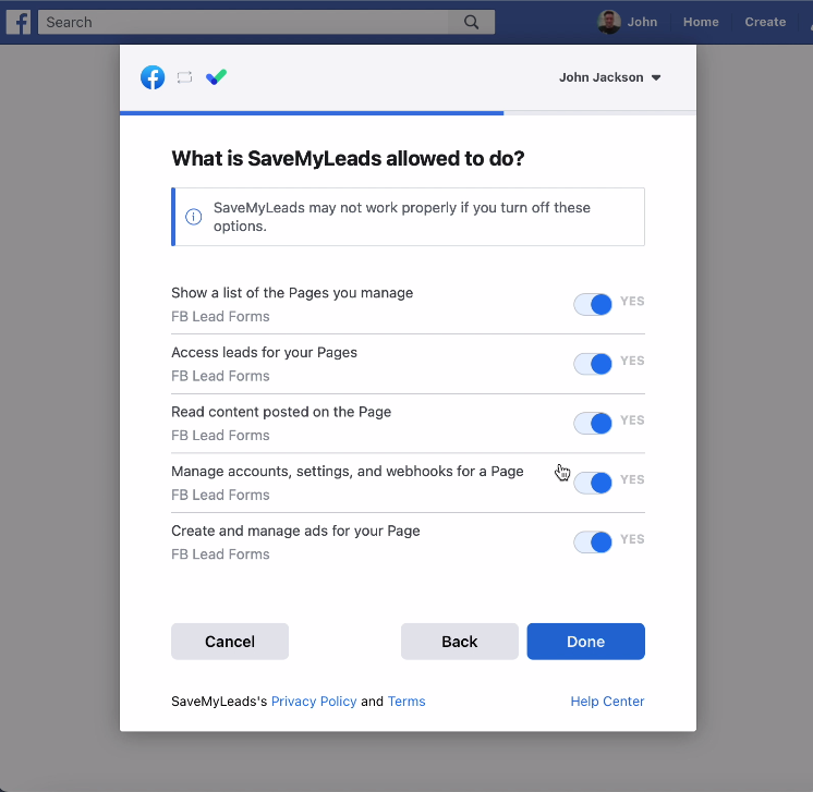 Facebook and SendGrid integration | Leave all accesses enabled Facebook and SendGrid integration | Leave all accesses enabled